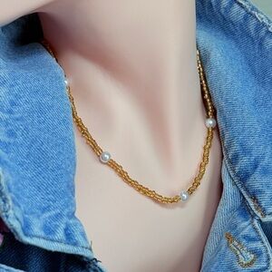 Trendy Gold Tone Beaded Necklace with Pearls Accents